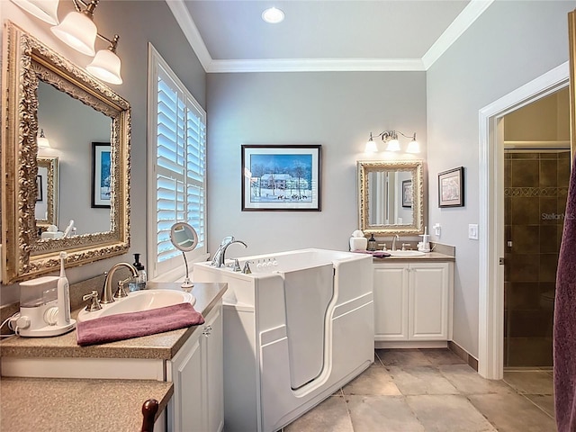 15856 Cobble Mill Dr, Wimauma, FL 33598 - full bathroom featuring two vanities, ornamental molding, a garden tub, tiled shower, and tile patterned floors