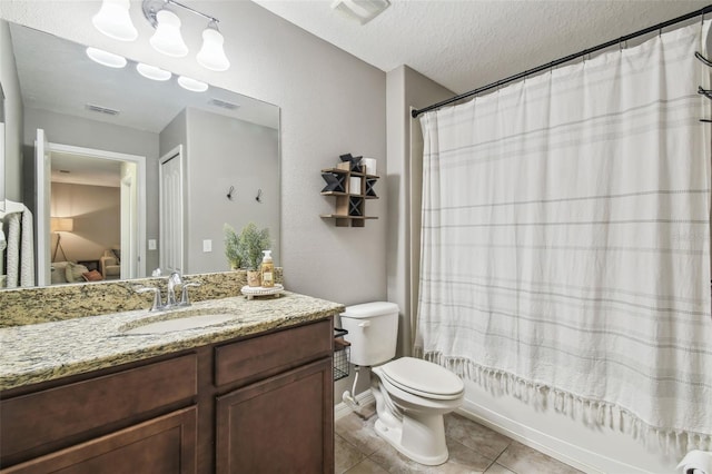 full bathroom featuring shower / tub combo with curtain, toilet, a textured ceiling, vanity, and tile patterned flooring