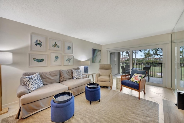 tiled living room with a textured ceiling