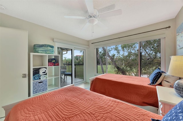 bedroom with ceiling fan, a textured ceiling, and access to outside