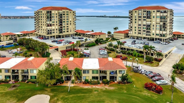 bird's eye view with a water view