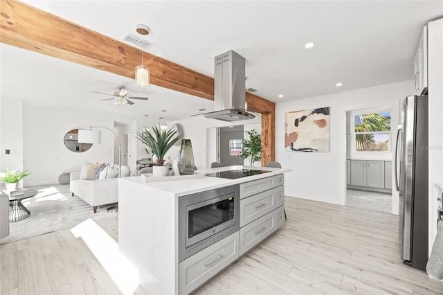 kitchen with light wood-type flooring, island range hood, a kitchen island, and appliances with stainless steel finishes