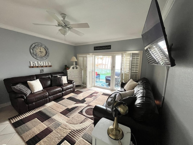 living room with crown molding, ceiling fan, and light tile patterned floors