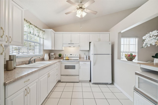 kitchen featuring white cabinetry, white appliances, vaulted ceiling, and sink