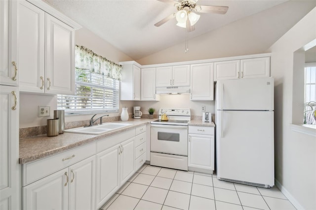 kitchen with white cabinetry, white appliances, lofted ceiling, and sink