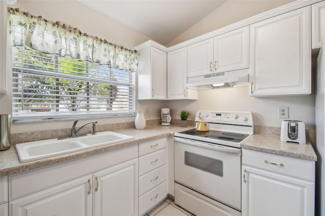 kitchen with sink, white cabinetry, a textured ceiling, vaulted ceiling, and white electric stove