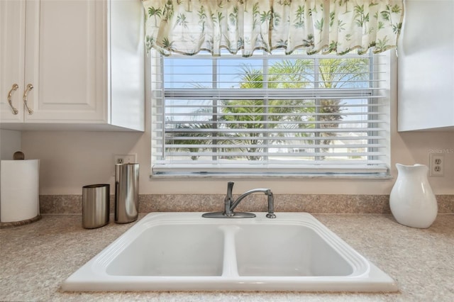 interior details with white cabinetry and sink