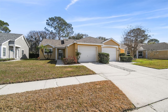 single story home with a garage and a front yard