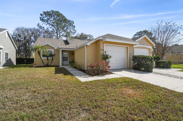 ranch-style house with a shingled roof, a front lawn, stucco siding, driveway, and an attached garage