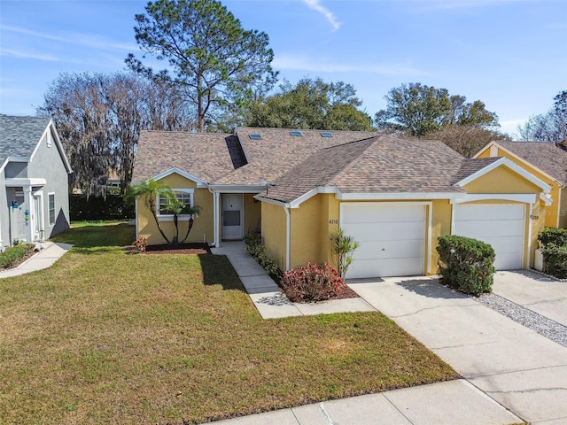 ranch-style house featuring stucco siding, a front lawn, roof with shingles, concrete driveway, and a garage