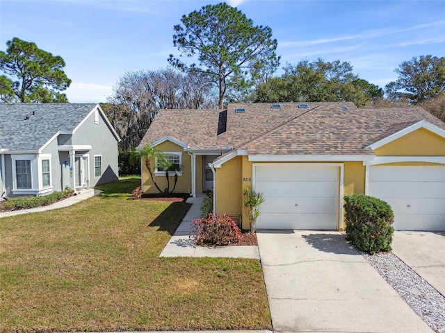 single story home featuring a shingled roof, stucco siding, a front lawn, concrete driveway, and a garage