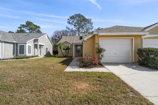 ranch-style home featuring stucco siding, a garage, concrete driveway, and a front lawn