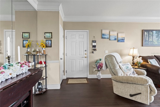 entryway featuring baseboards, dark wood-style flooring, and crown molding