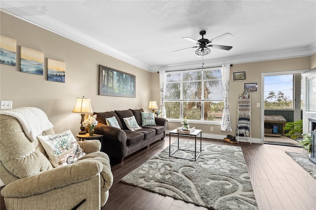 living room featuring crown molding, a healthy amount of sunlight, dark hardwood / wood-style flooring, and a textured ceiling