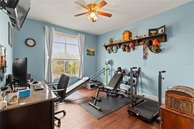 workout area with wood finished floors and a ceiling fan