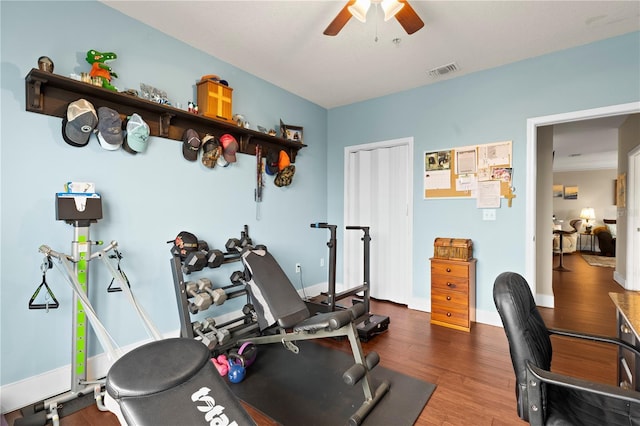 workout room featuring ceiling fan and wood-type flooring