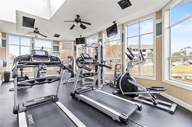 gym featuring a healthy amount of sunlight, visible vents, and baseboards