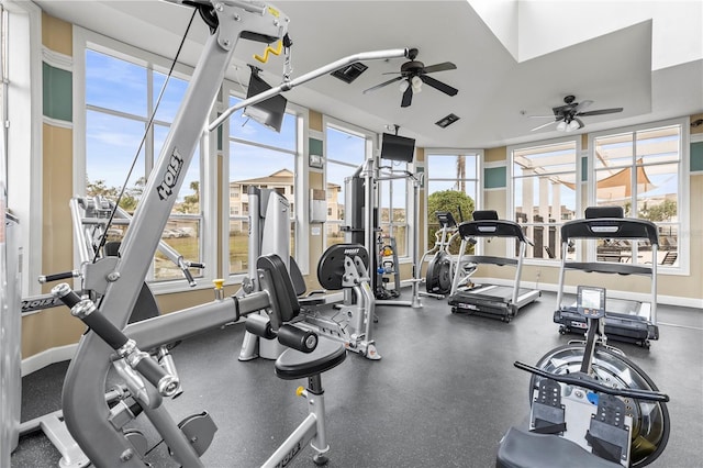 exercise room with ceiling fan