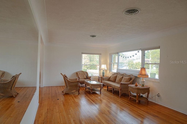 living room featuring a wealth of natural light, light hardwood / wood-style floors, and a textured ceiling