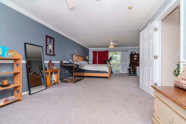 bedroom featuring light carpet, ornamental molding, and a textured ceiling