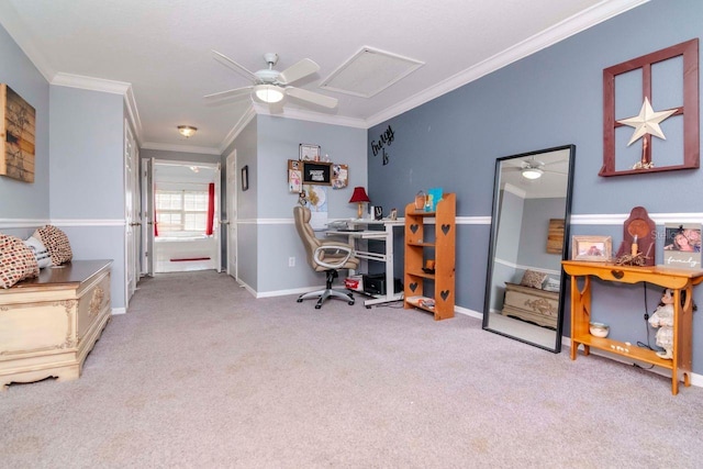 office area with crown molding, light carpet, and ceiling fan