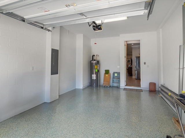 garage featuring stainless steel refrigerator, a garage door opener, electric panel, and water heater