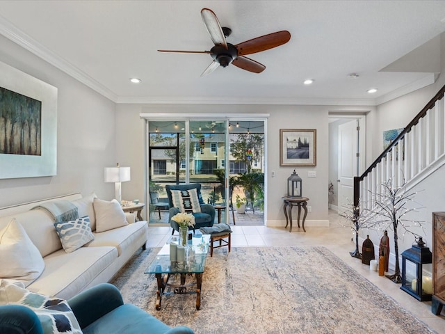 tiled living room featuring crown molding and ceiling fan