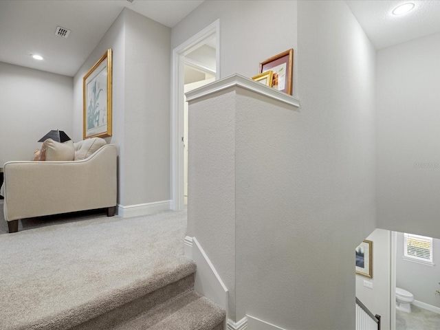 stairway with carpet flooring