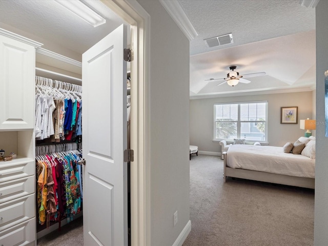 bedroom with carpet flooring, ceiling fan, a raised ceiling, a textured ceiling, and a closet