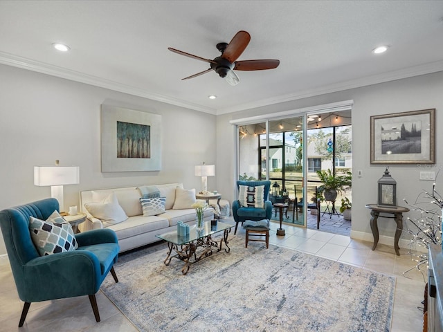 living room with ornamental molding, light tile patterned flooring, and ceiling fan