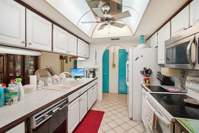 kitchen featuring white cabinetry, dishwasher, sink, electric range, and ceiling fan