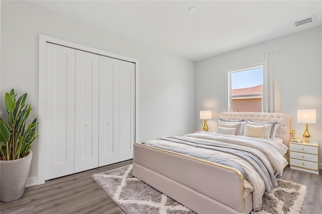 bedroom featuring wood-type flooring and a closet