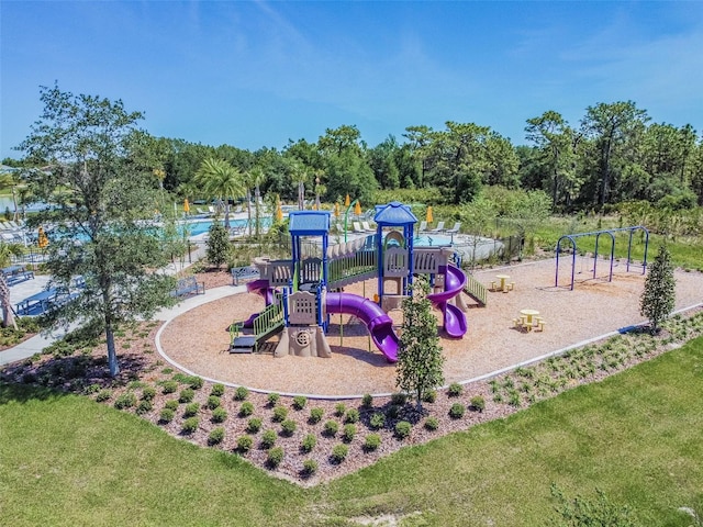 view of jungle gym with a yard