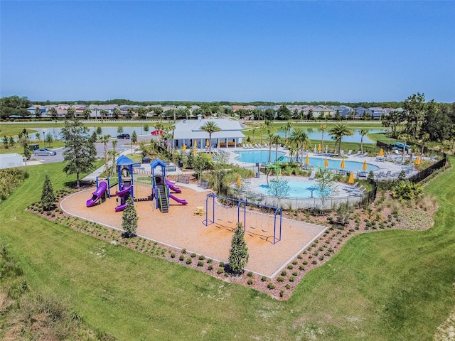 drone / aerial view featuring a water view