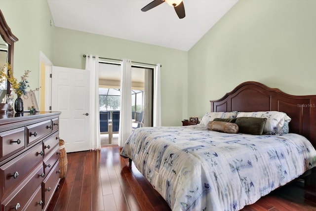 bedroom featuring lofted ceiling, dark wood-type flooring, access to exterior, and ceiling fan