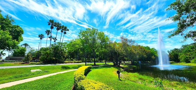 view of property's community with a water view and a lawn