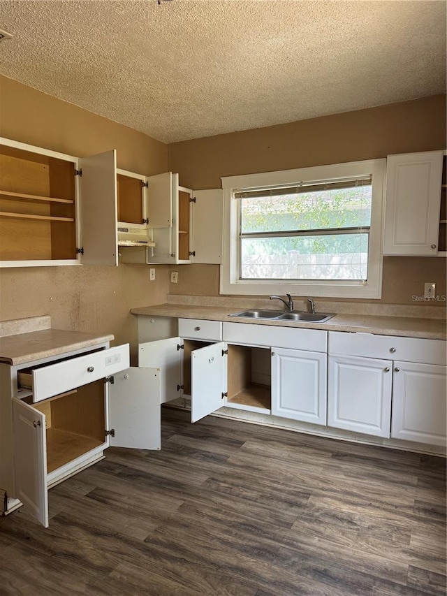 kitchen with white cabinets, open shelves, and light countertops