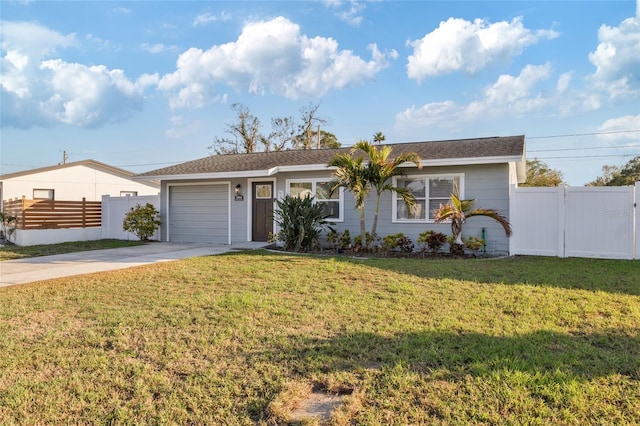 ranch-style house with a garage and a front yard