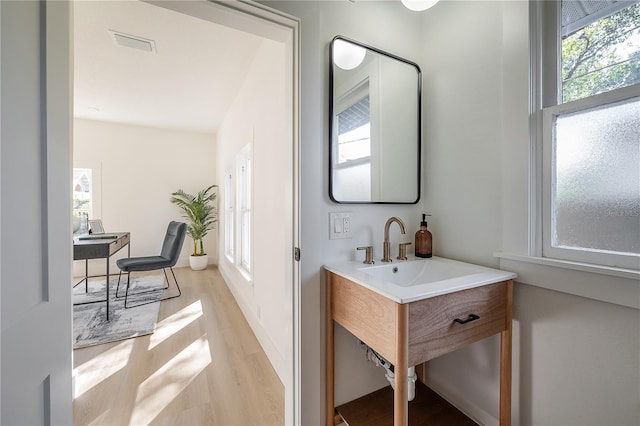 bathroom featuring vanity and wood-type flooring