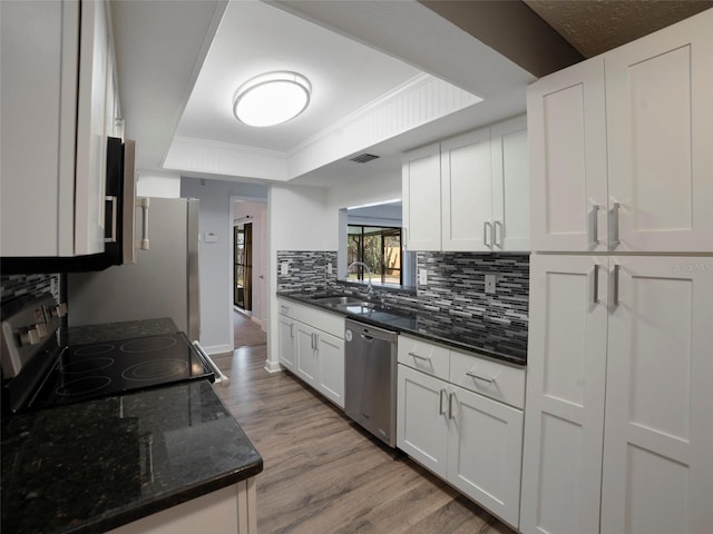 kitchen with white cabinetry, stainless steel appliances, and a raised ceiling