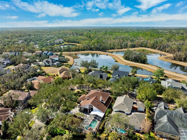 drone / aerial view with a water view