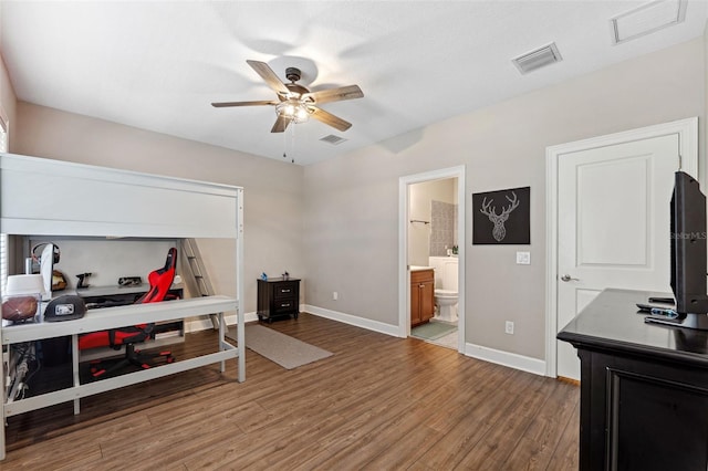 office area featuring hardwood / wood-style flooring and ceiling fan