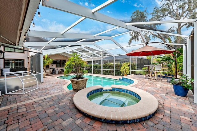 view of swimming pool featuring a patio area, glass enclosure, and an in ground hot tub