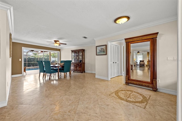 interior space with crown molding and a textured ceiling