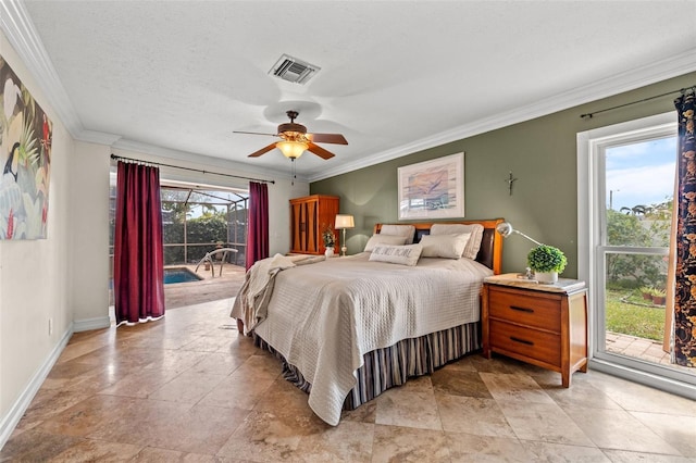 bedroom featuring crown molding, ceiling fan, access to exterior, and a textured ceiling