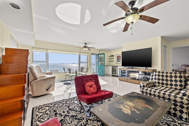 tiled living room featuring wine cooler