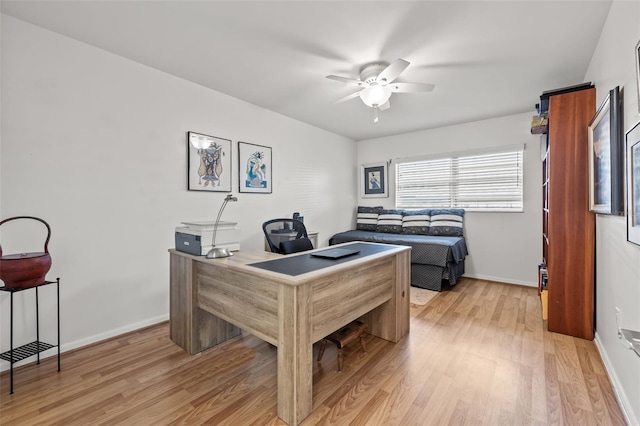 office with light hardwood / wood-style floors and ceiling fan