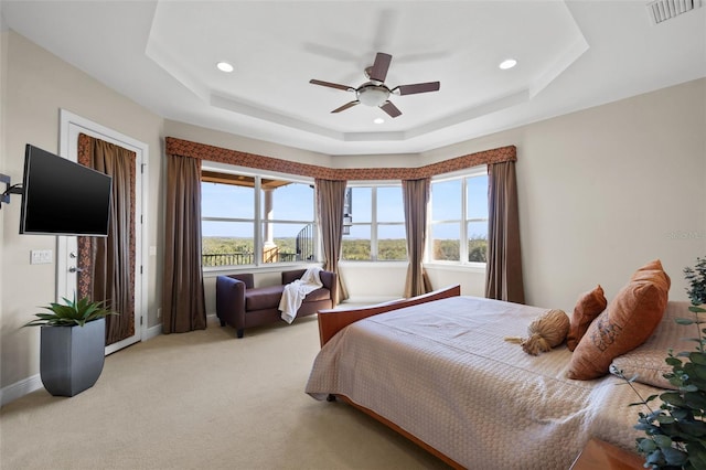 bedroom with multiple windows, a tray ceiling, and carpet