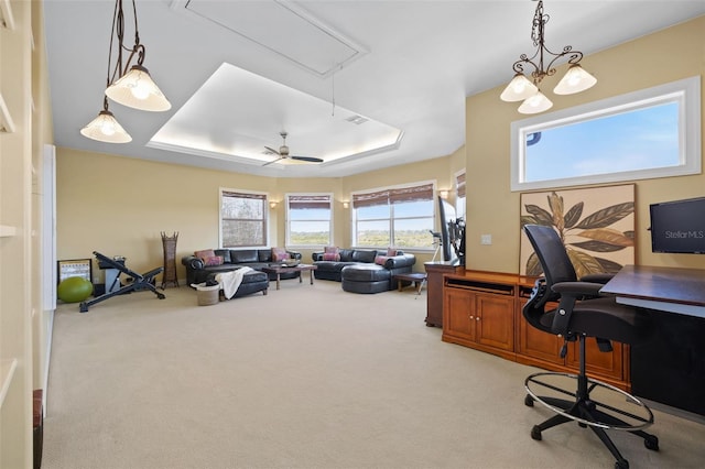 office featuring carpet flooring and a raised ceiling