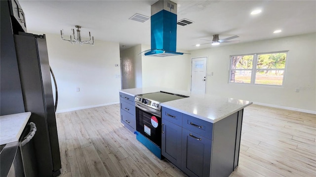 kitchen featuring stainless steel range with electric stovetop, a center island, light wood-type flooring, fridge, and island exhaust hood